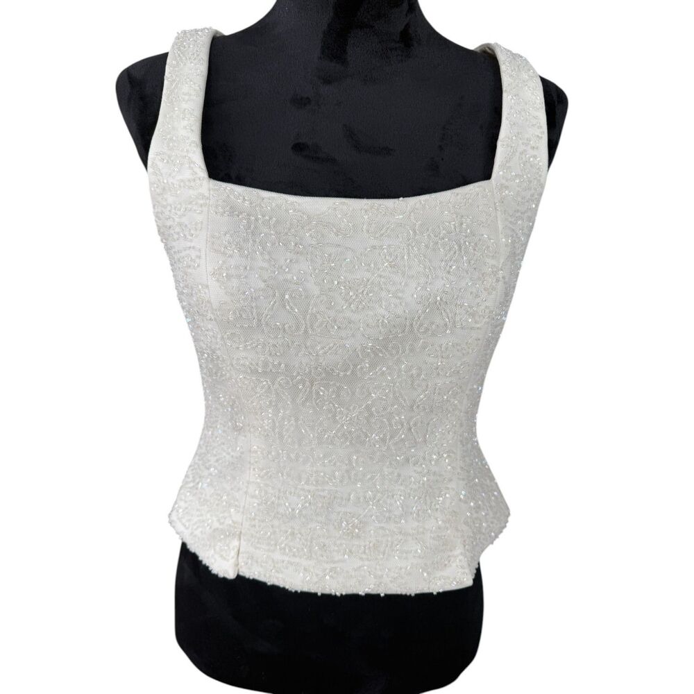 Kay Unger Ivory Beaded Square Neck Sleeveless Camisole